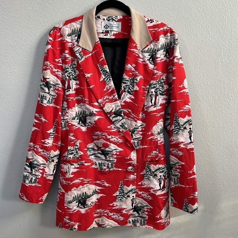 Vintage 80s Swiss Alps Ski Resort AOP Winter Scene Red Festive Blazer, size 10